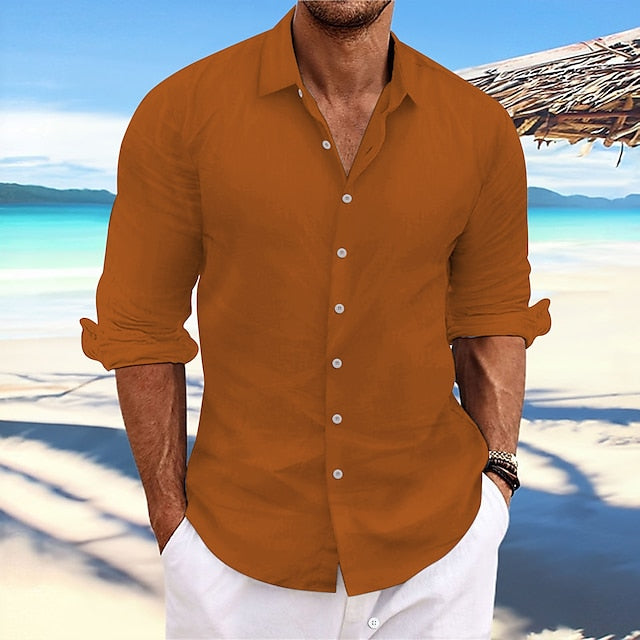 Men's Casual Cotton Linen Long Sleeves Solid Color Shirt