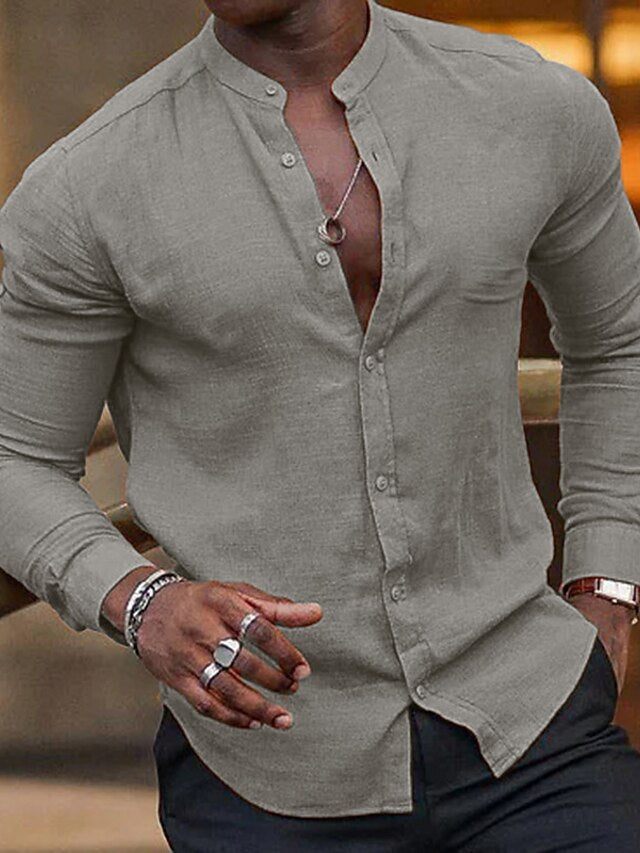Men's Casual Cotton Linen Long Sleeves Solid Color Shirt