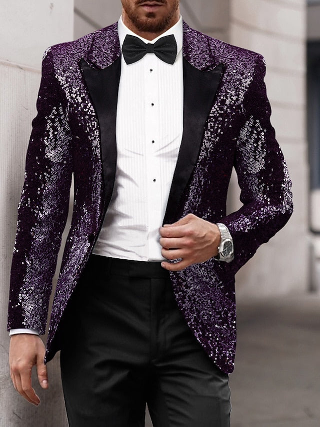 Gold Red Blue Gray Purple Men's Tailored Fit Single Breasted One-button Sequins Party Jacket