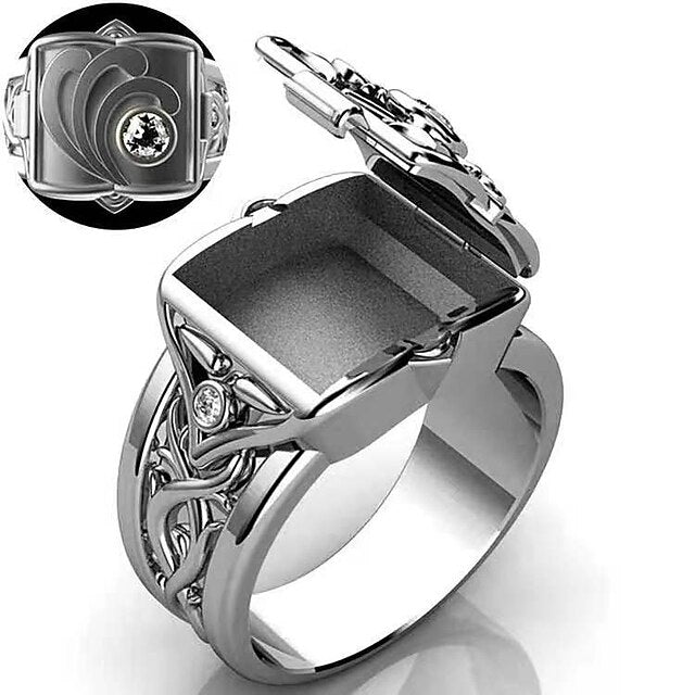 Men‘s Ring with Secret Compartment Mini Clamshell Storage Box