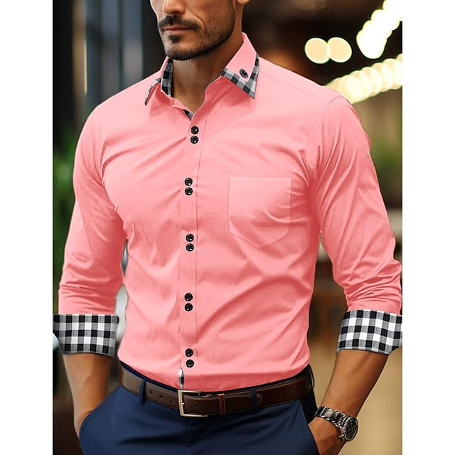 Men's Casual Cotton Blend Long Sleeves Plaid Color Block Shirt