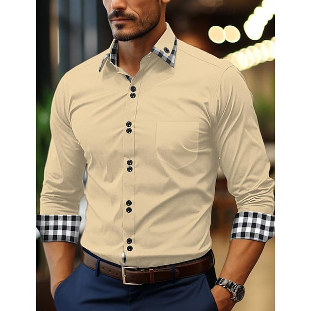 Men's Casual Cotton Blend Long Sleeves Plaid Color Block Shirt