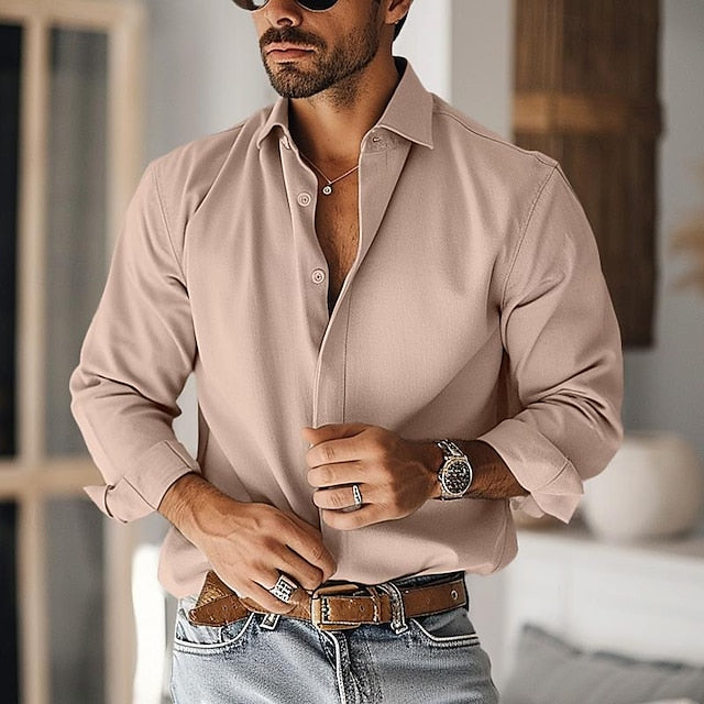 Men's Casual Cotton BlendLong Sleeves Solid Color Shirt