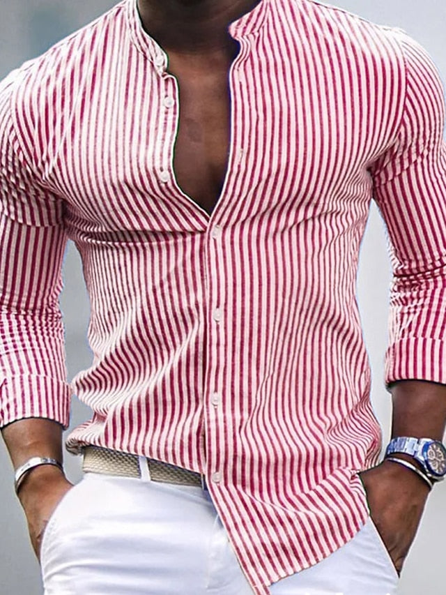 Men's Casual Cotton Blend Long Sleeves Stripes Shirt