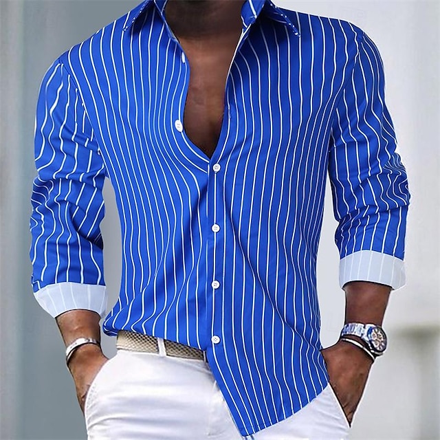 Men's Casual Polyester Long Sleeves Stripes Shirt