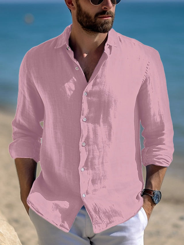 Men's Casual Cotton Linen Long Sleeves Solid Color Shirt