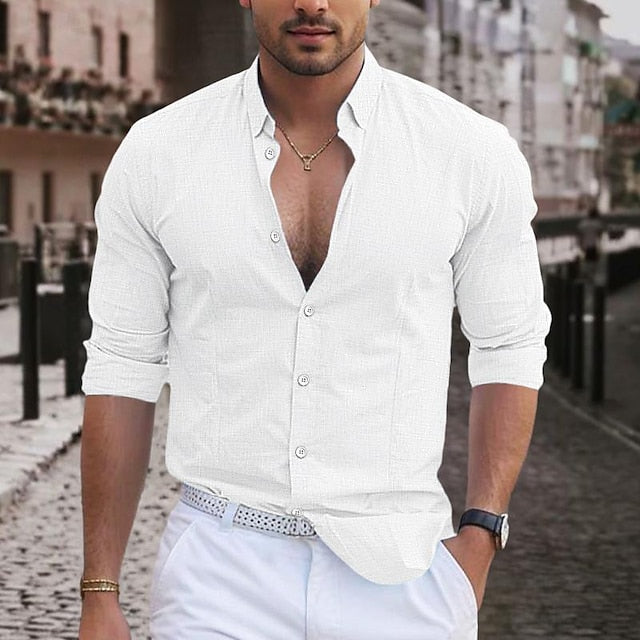 Men's Casual Cotton Linen Long Sleeves Solid Color Shirt