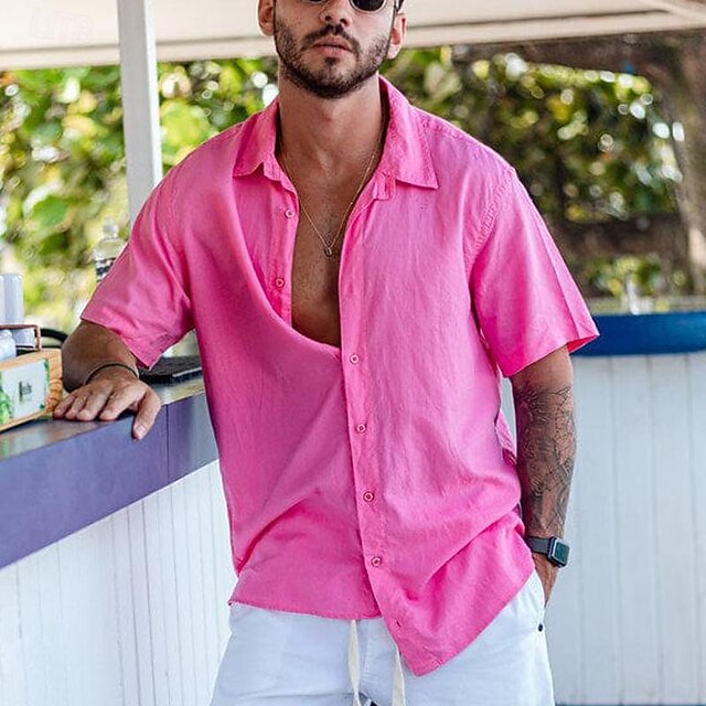 Men's Casual Cotton Linen Short Sleeves Solid Color Shirt