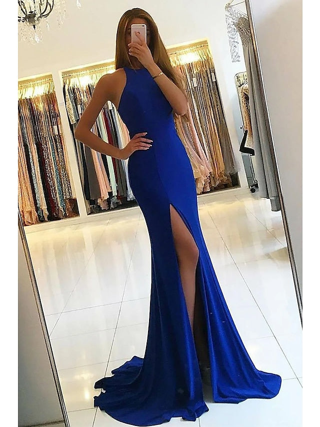 trumpet mermaid high neck dress Royal Blue Evening Dress 2026 Elegant Halter Neck Slim Fit High Slit Long Prom Gown with Train for Formal Events, Royal Blue