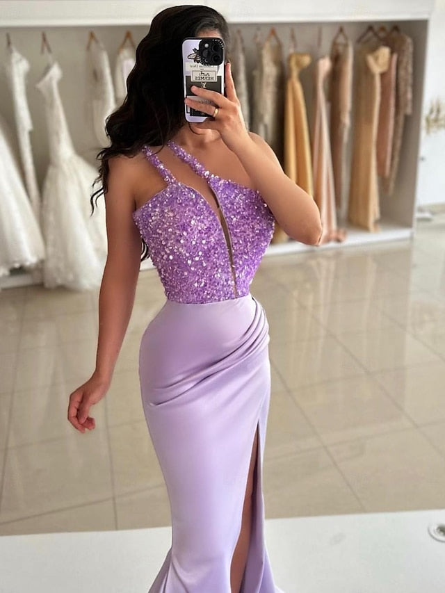 Mermaid/Trumpet One-Shoulder Sleeveless Floor-Length Long Prom Dresses with Sequins