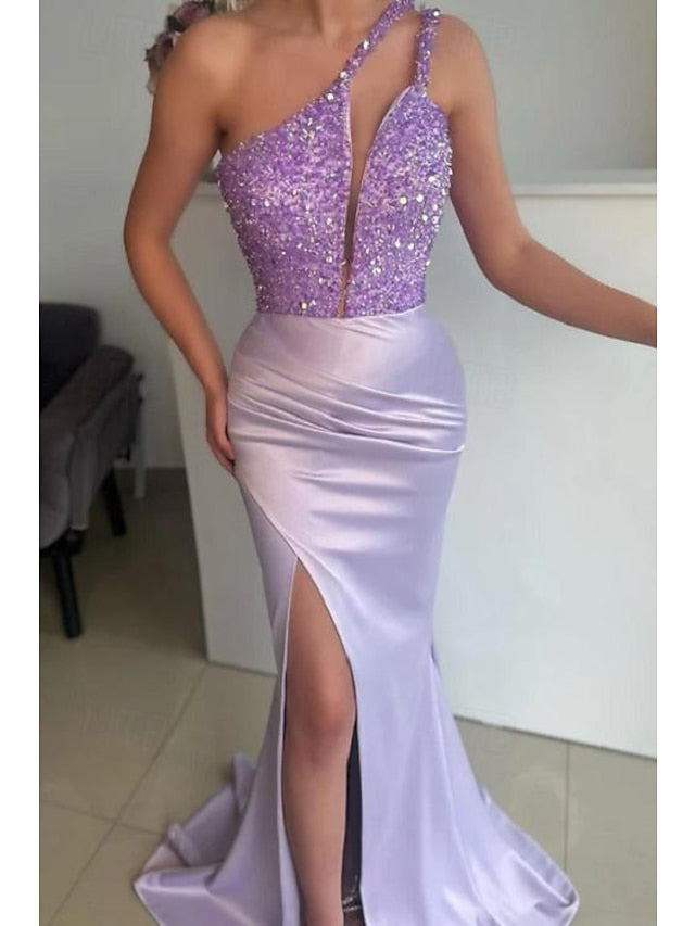 Mermaid/Trumpet One-Shoulder Sleeveless Floor-Length Long Prom Dresses with Sequins