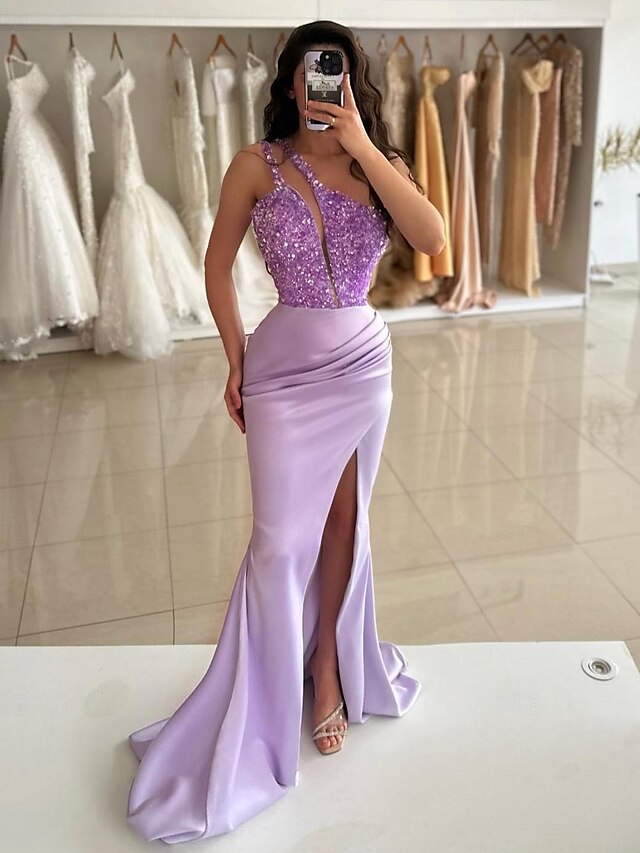 Mermaid/Trumpet One-Shoulder Sleeveless Floor-Length Long Prom Dresses with Sequins