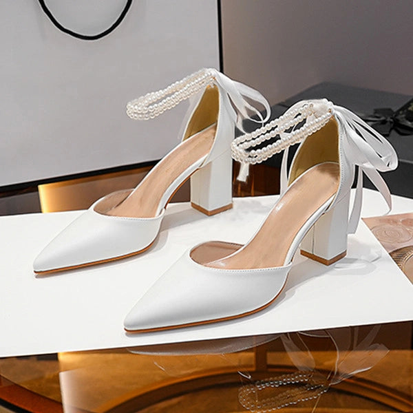 Women's Wedding Shoes Faux Leather Block Heel Point Toe Wedding Heels Bridal Shoes Pearl Ribbon