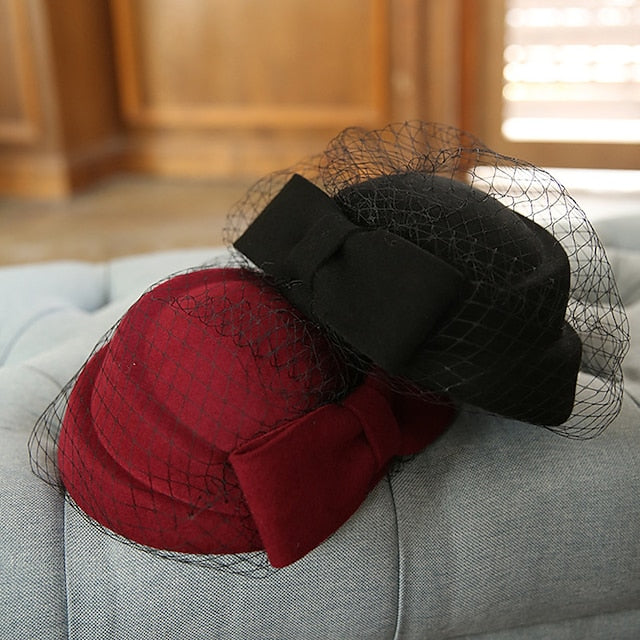 Fascinators Wool Bucket Hat Pillbox Hat  Ladies Day Elegant Retro With Bow(s) Tulle Headpiece Headwear