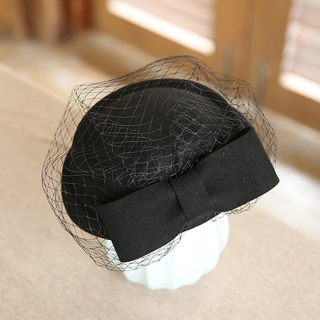 Fascinators Wool Bucket Hat Pillbox Hat  Ladies Day Elegant Retro With Bow(s) Tulle Headpiece Headwear
