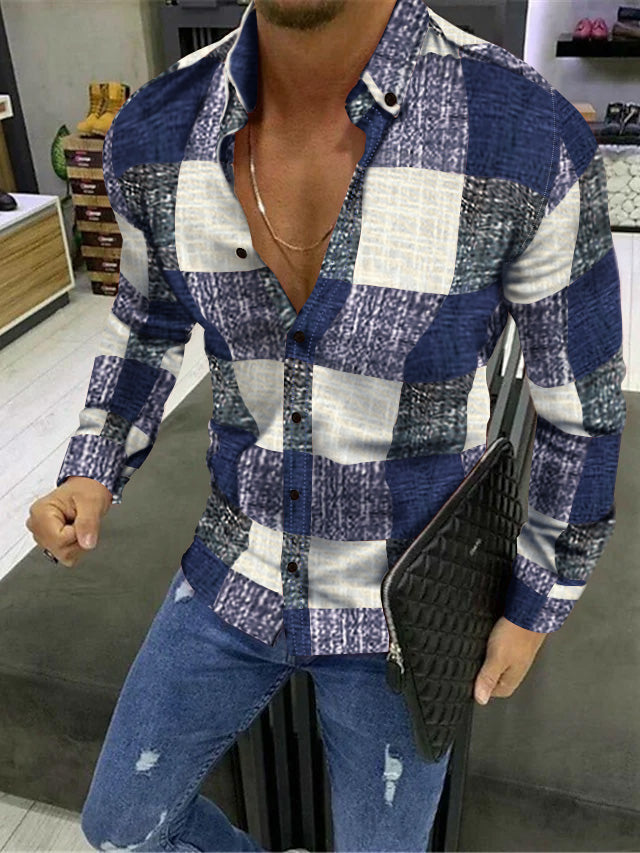 Men's Casual Cotton Blend Long Sleeves Plaid Color Block Shirt