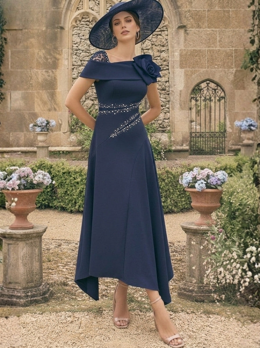 A-Line/Princess One-Shoulder Stretch Satin Mother of the Bride Dresses With 3D Flower Asymmetrical Ankle-Length Navy Blue