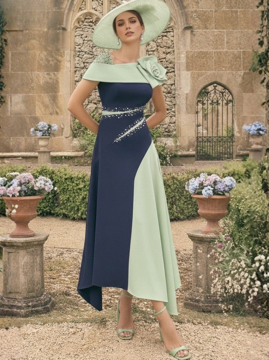 A-Line/Princess One-Shoulder Stretch Satin Mother of the Bride Dresses With 3D Flower Asymmetrical Ankle-Length