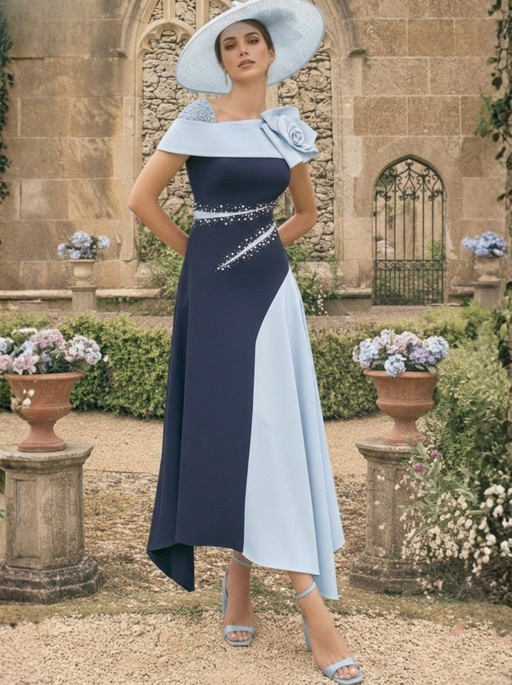 A-Line/Princess One-Shoulder Stretch Satin Mother of the Bride Dresses With 3D Flower Asymmetrical Ankle-Length