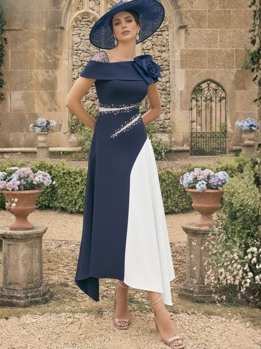 A-Line/Princess One-Shoulder Stretch Satin Mother of the Bride Dresses With 3D Flower Asymmetrical Ankle-Length Navy Blue&White01