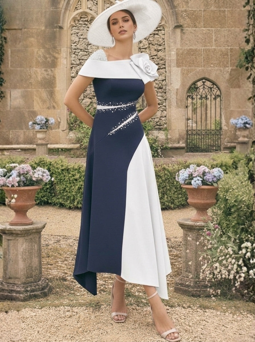 A-Line/Princess One-Shoulder Stretch Satin Mother of the Bride Dresses With 3D Flower Asymmetrical Ankle-Length