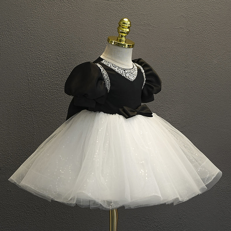 Ball Gown Short Sleeves Knee-Length Baby Girl Party Dress with Bow & Rhinestones