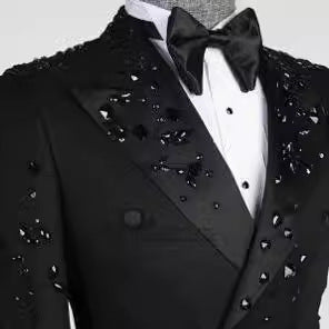 Men's Tailored Fit Double Breasted 2 Pieces Black Beading Sequins Blazer Elegant Halloween Suits