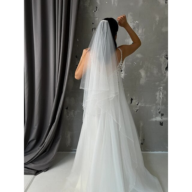 One-tier Stylish / Simple Wedding Veil Chapel Veils with Beading Tulle
