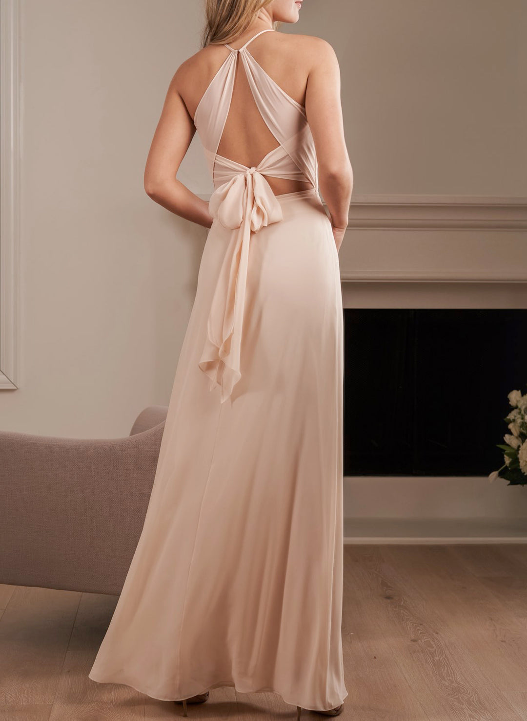 A-Line/Princess Halter Floor-length Long Bridesmaid Dresses