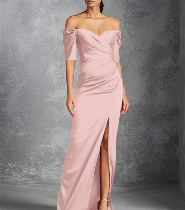 Sheath/Column Off-the-Shoulder Short Sleeves Floor-Length Mother of the Bride Dresses With Split Front