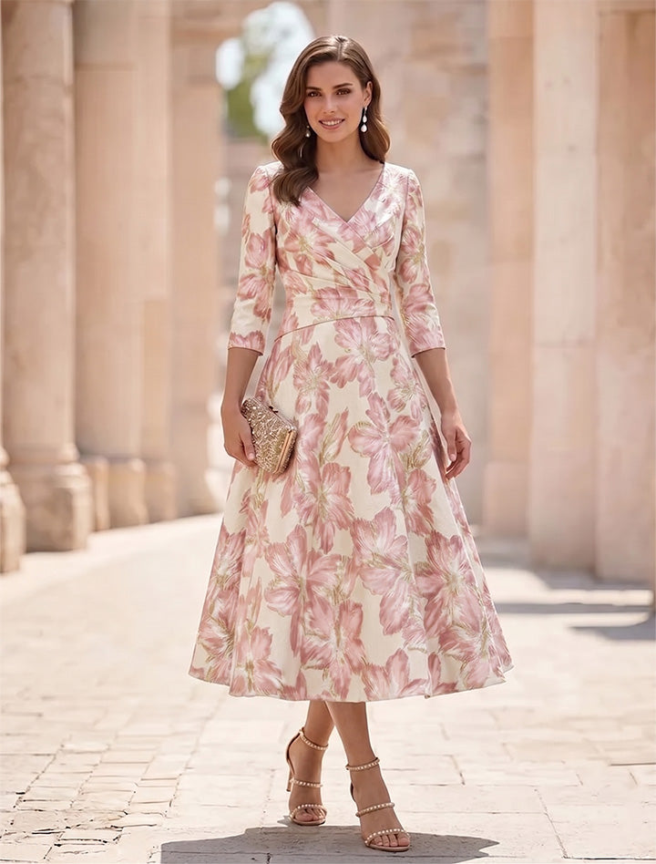 A-Line/Princess V-Neck Satin Mother of the Bride Dresses Floral 3/4 Sleeves Tea-Length Ruched