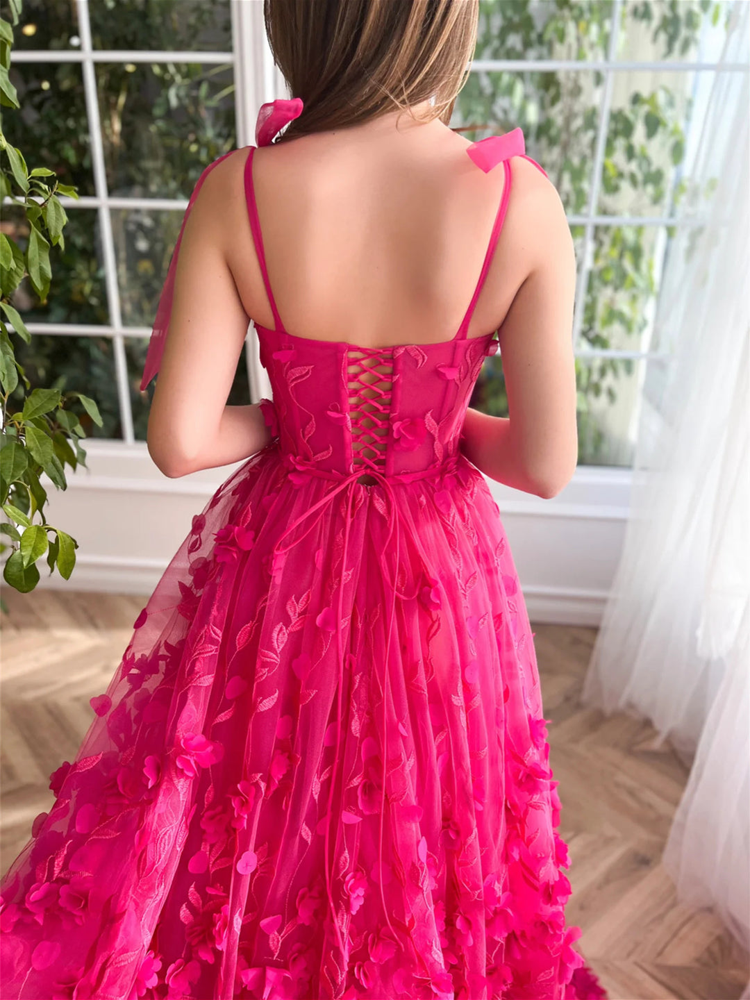 A-Line/Princess Spaghetti Straps Long Prom Floral Dresses With Split Side