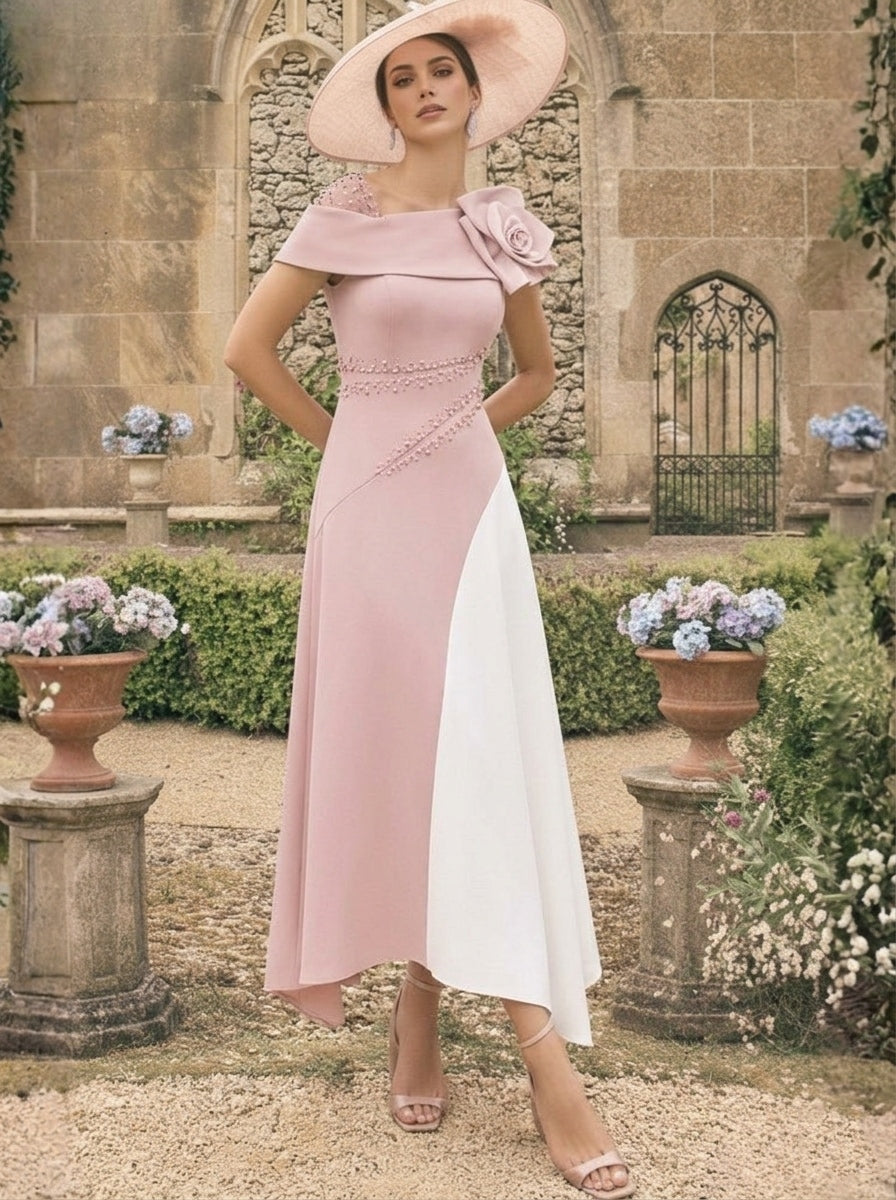 A-Line/Princess One-Shoulder Stretch Satin Mother of the Bride Dresses With 3D Flower Asymmetrical Ankle-Length