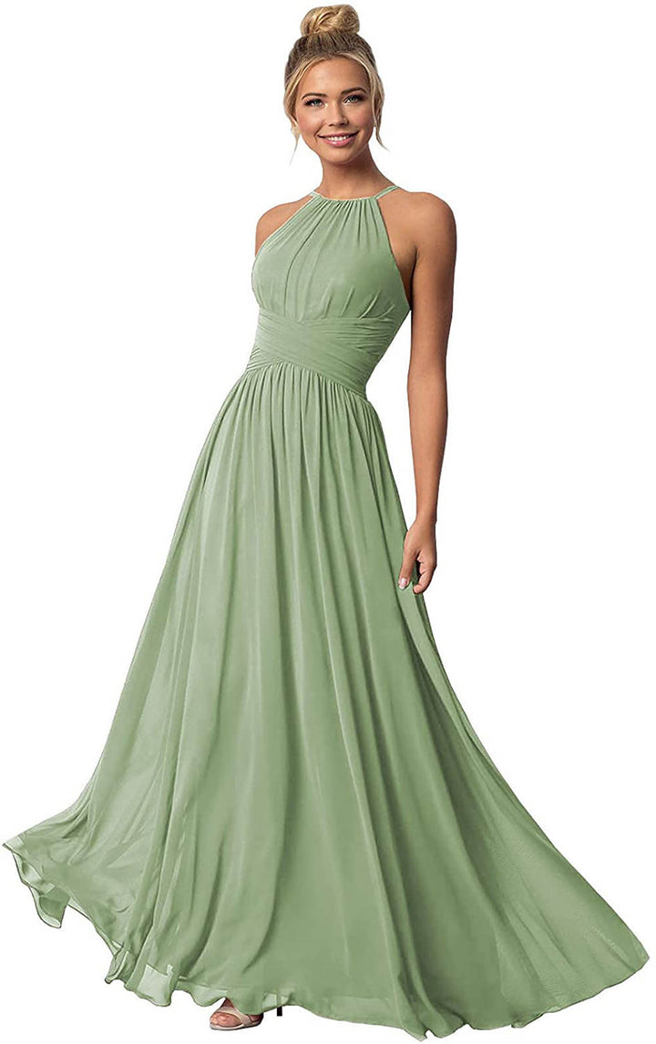 A-Line/Princess Halter Sleeveless Floor-Length Bridesmaid Dresses