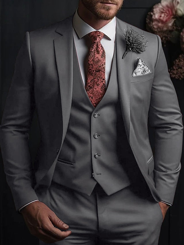 Men's Tailored Fit Single Breasted Three-buttons 3 Pieces Wedding Suits Gray Men's Tailored Fit Single Breasted Three-buttons 3 Pieces Wedding Suits Gray