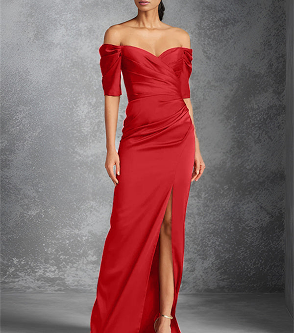 Sheath/Column Off-the-Shoulder Short Sleeves Floor-Length Mother of the Bride Dresses With Split Front