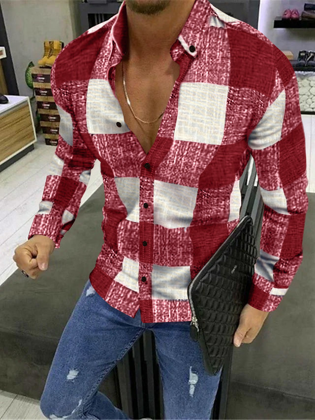 Men's Casual Cotton Blend Long Sleeves Plaid Color Block Shirt