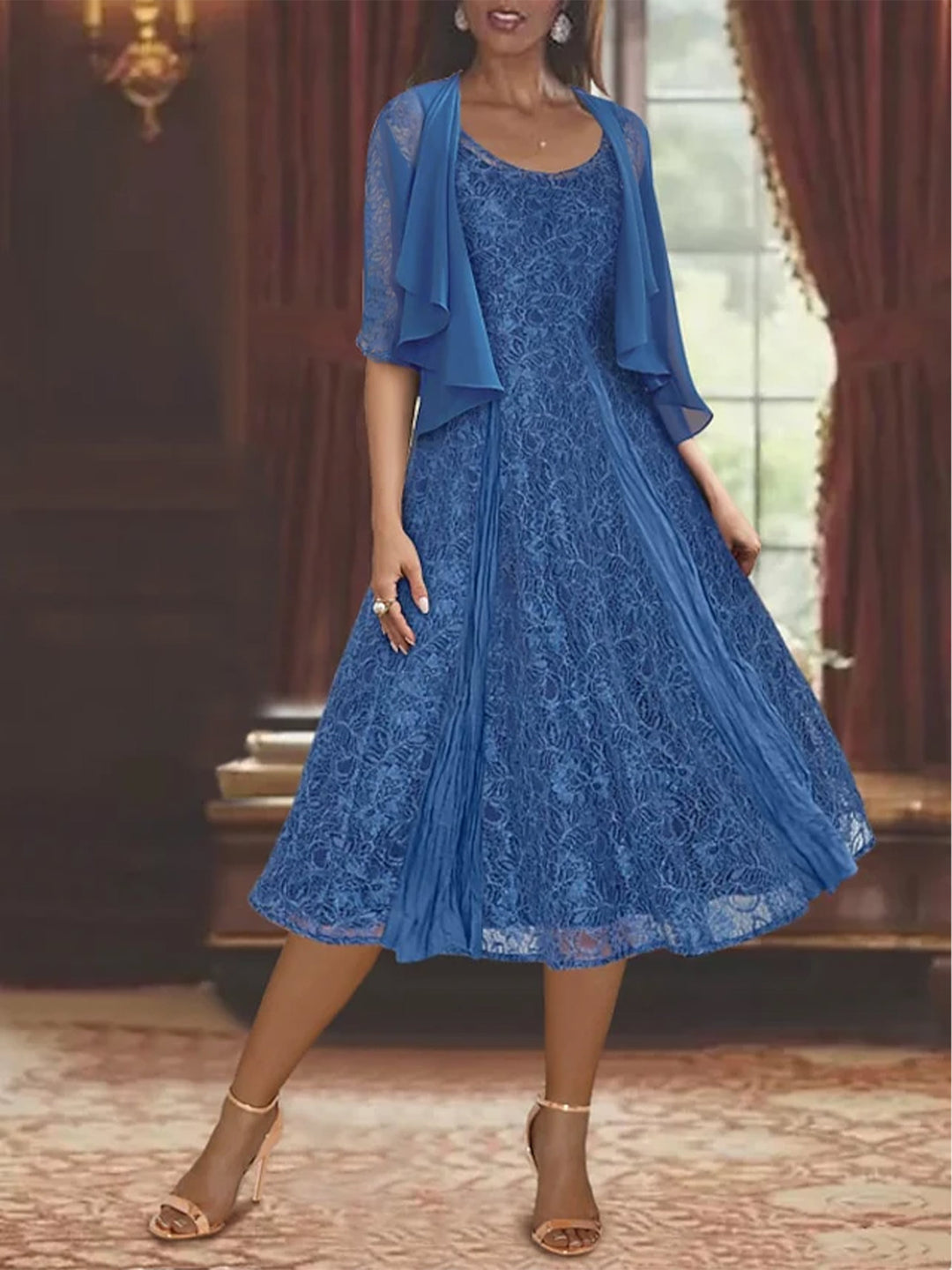 2026 Mother of The Groom Dresses Steel Blue Elegant Women's Lace Tulle Half Sleeves Tea-Length Wedding Party Formal Evening Gowns, Royal Blue 2026 Mother of The Groom Dresses Steel Blue Elegant Women's Lace Tulle Half Sleeves Tea-Length Wedding Party Formal Evening Gowns, Royal Blue