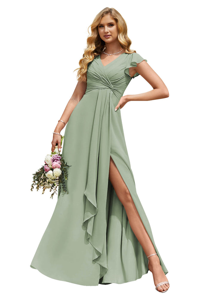 A-Line/Princess V-Neck Long Wedding Party Dresses With Split Side