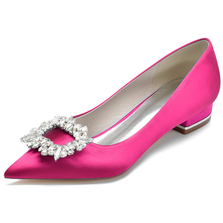 Women's Wedding Shoes Silk Satin Square Rhinestone Low Pointed Toe Bridal Shoes