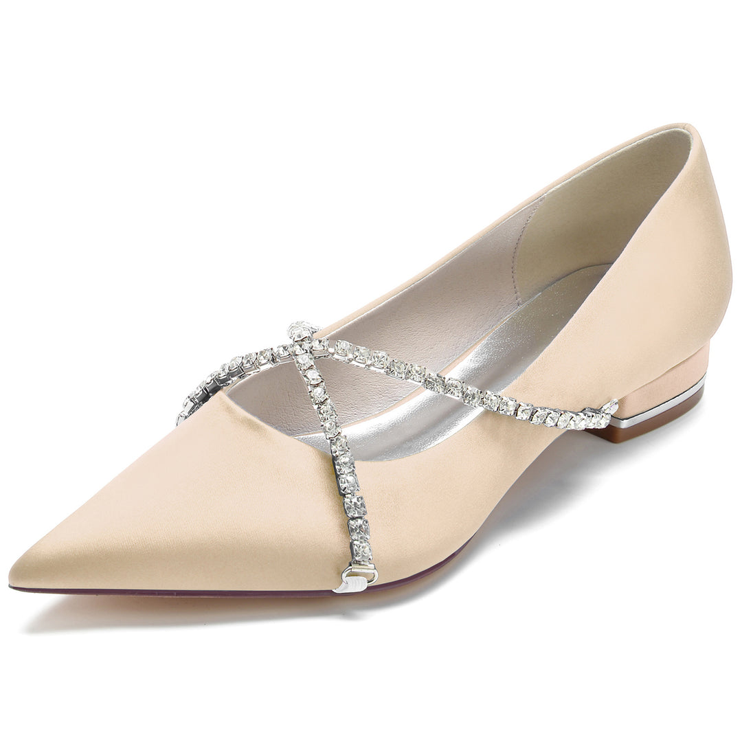 Women's Wedding Shoes Crossed Crystal Chain Low Pointed Toe Bridal Shoes