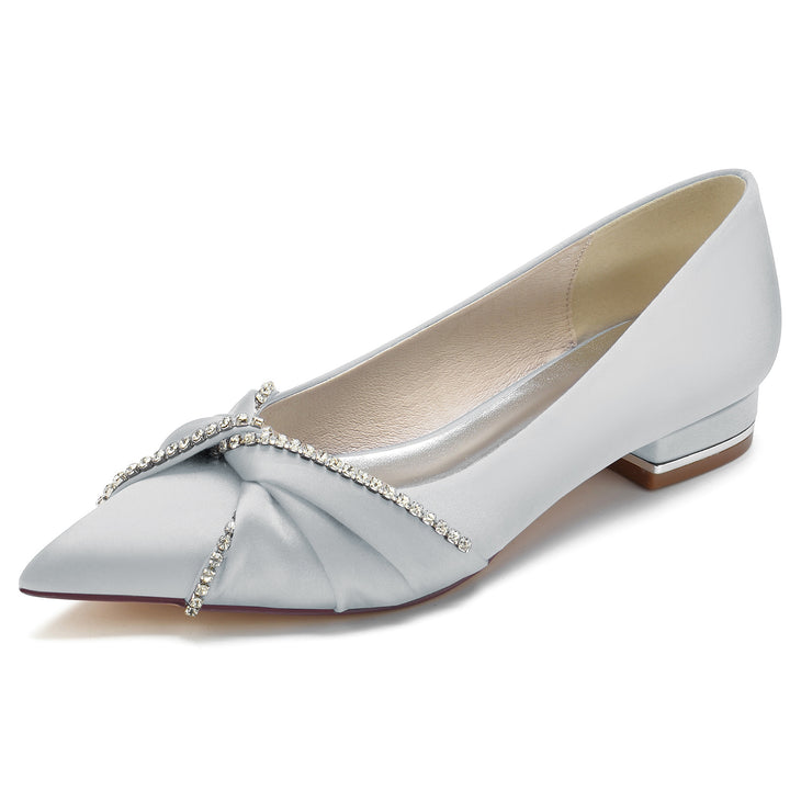 Women's Wedding Shoes Silk Satin Imitation Crystal Low Pointed Toe Bridal Shoes