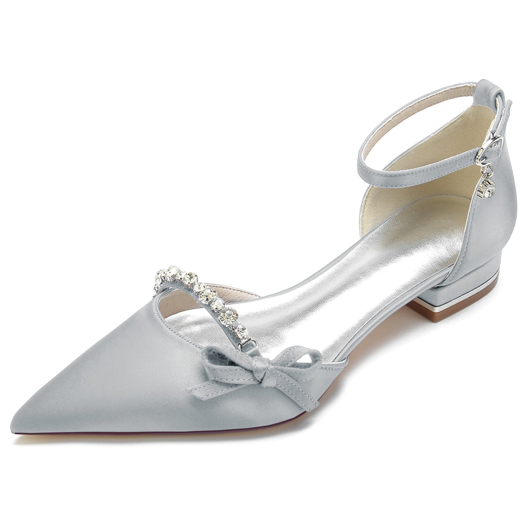 Women's Wedding Shoe Crystal Bow Silk Satin Pointed Toe Low Buckle Bridal Shoes