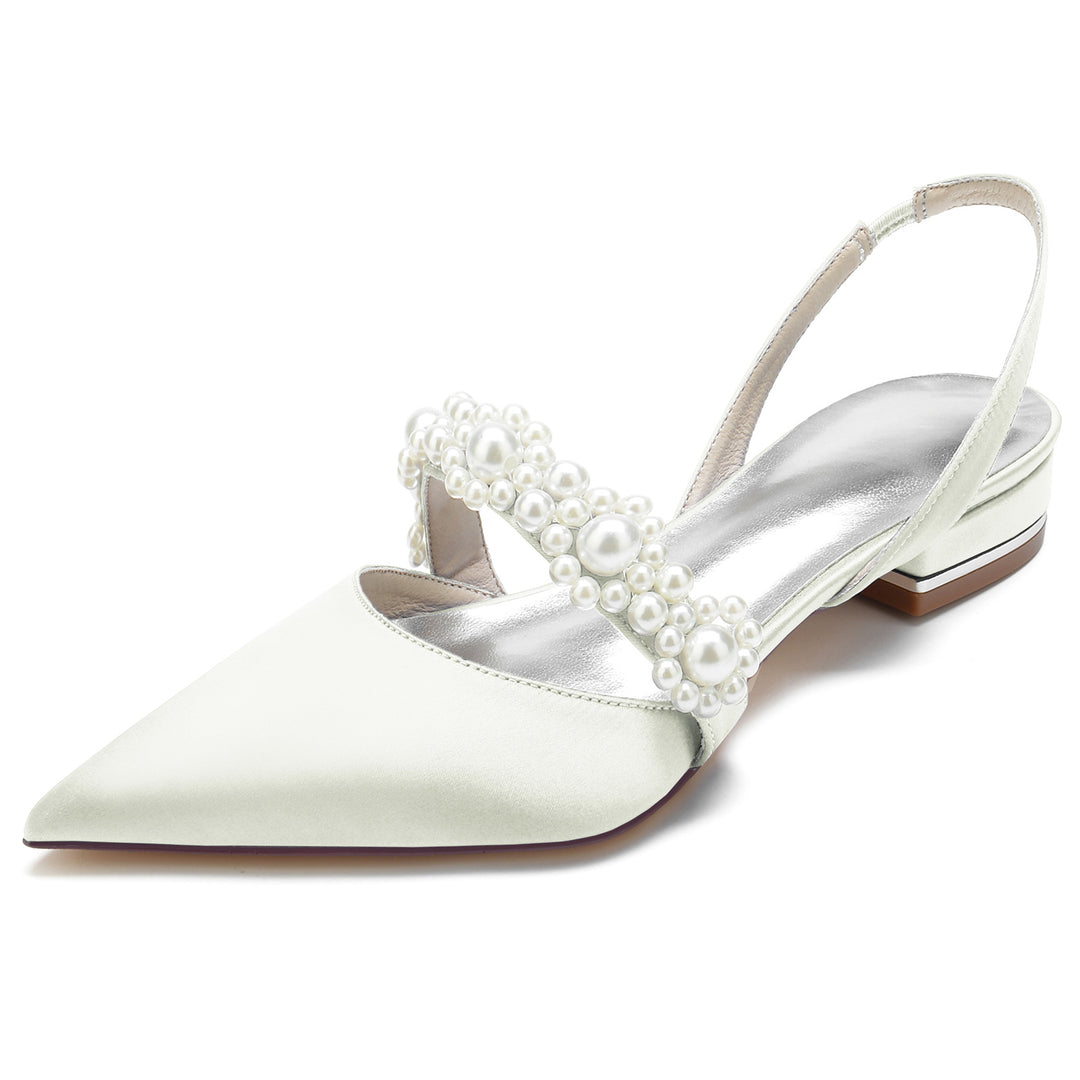 Women's Wedding Shoes Silk Satin White Pearl Low Pointed Toe Buckle Bridal Shoes