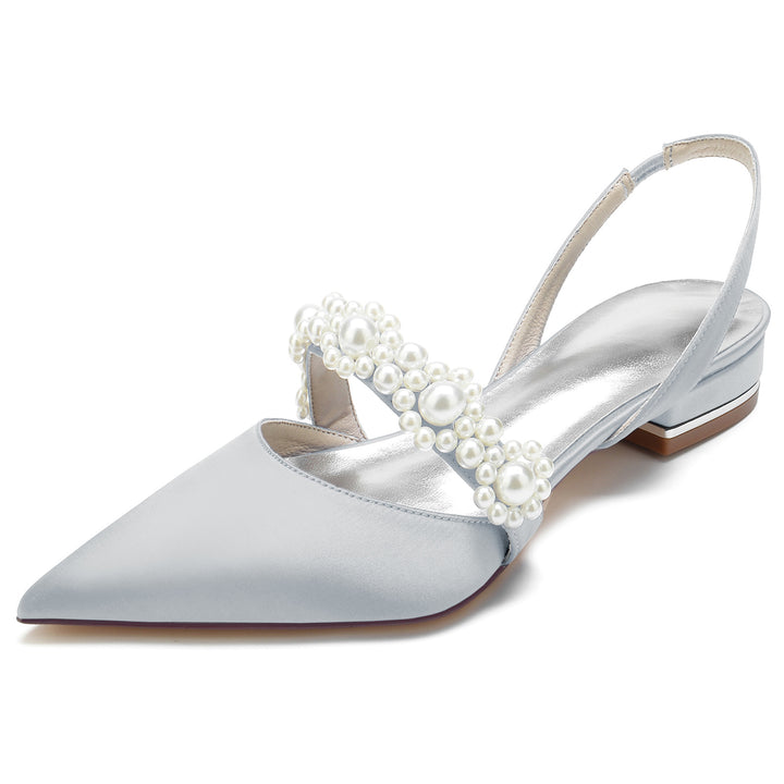 Women's Wedding Shoes Silk Satin White Pearl Low Pointed Toe Buckle Bridal Shoes