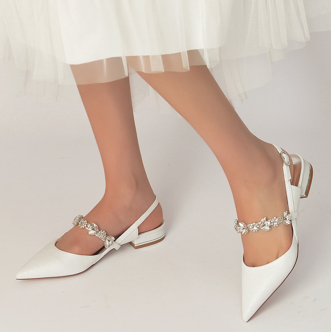 Women's Wedding Shoe Rhinestone Glitter Pointed Toe Low Buckle Bridal Shoes