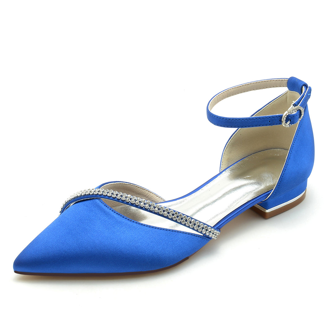 Women's Wedding Shoe Royal Blue Rhinestone Silk Satin Pointed Toe Low Buckle Bridal Shoes