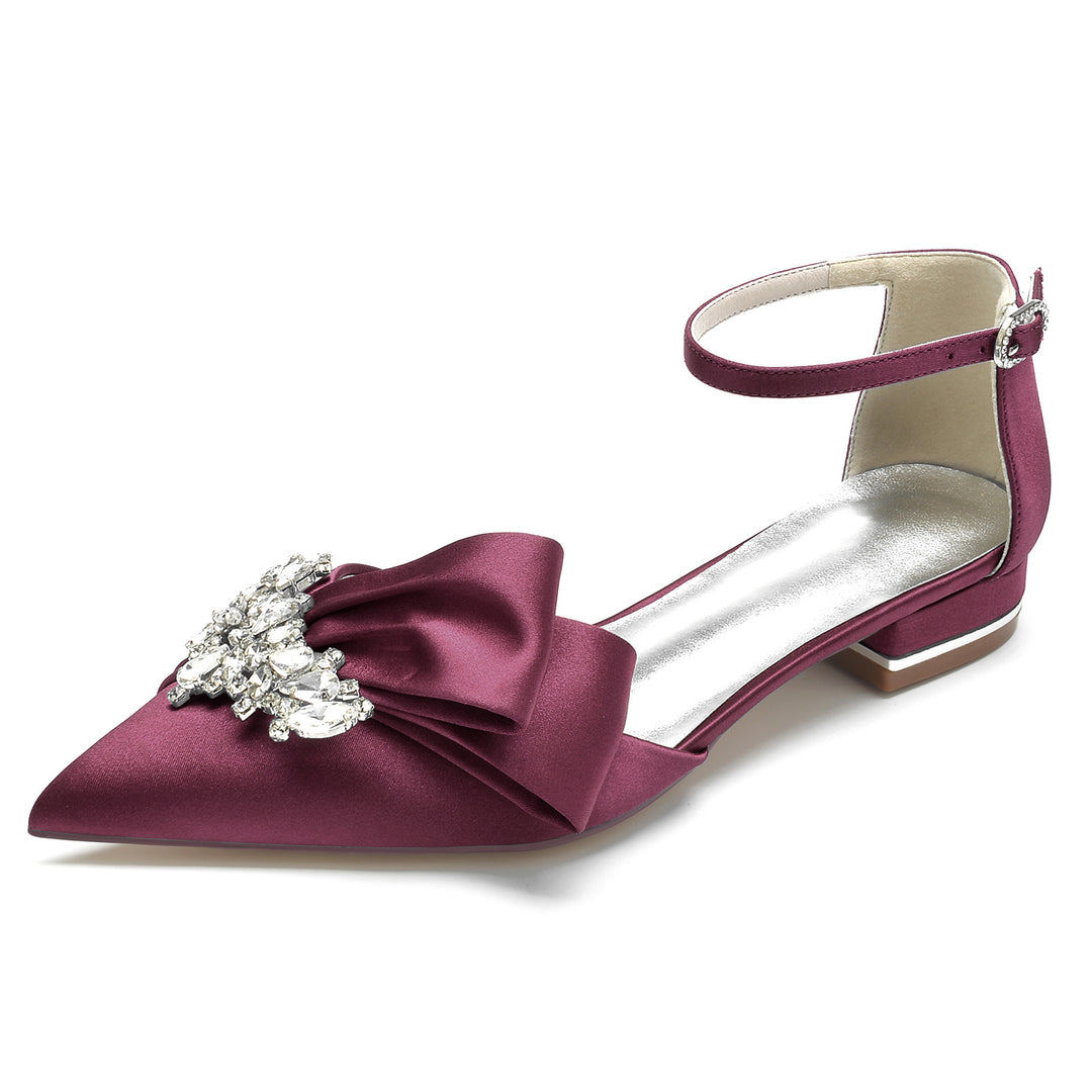 Women's Wedding Shoes White Rhinestone Silk Satin Bow Low Pointed Toe Bridal Shoes