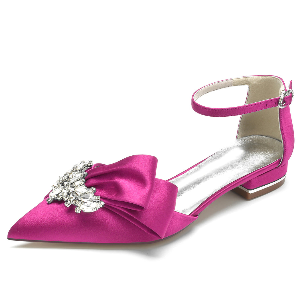 Women's Wedding Shoes White Rhinestone Silk Satin Bow Low Pointed Toe Bridal Shoes