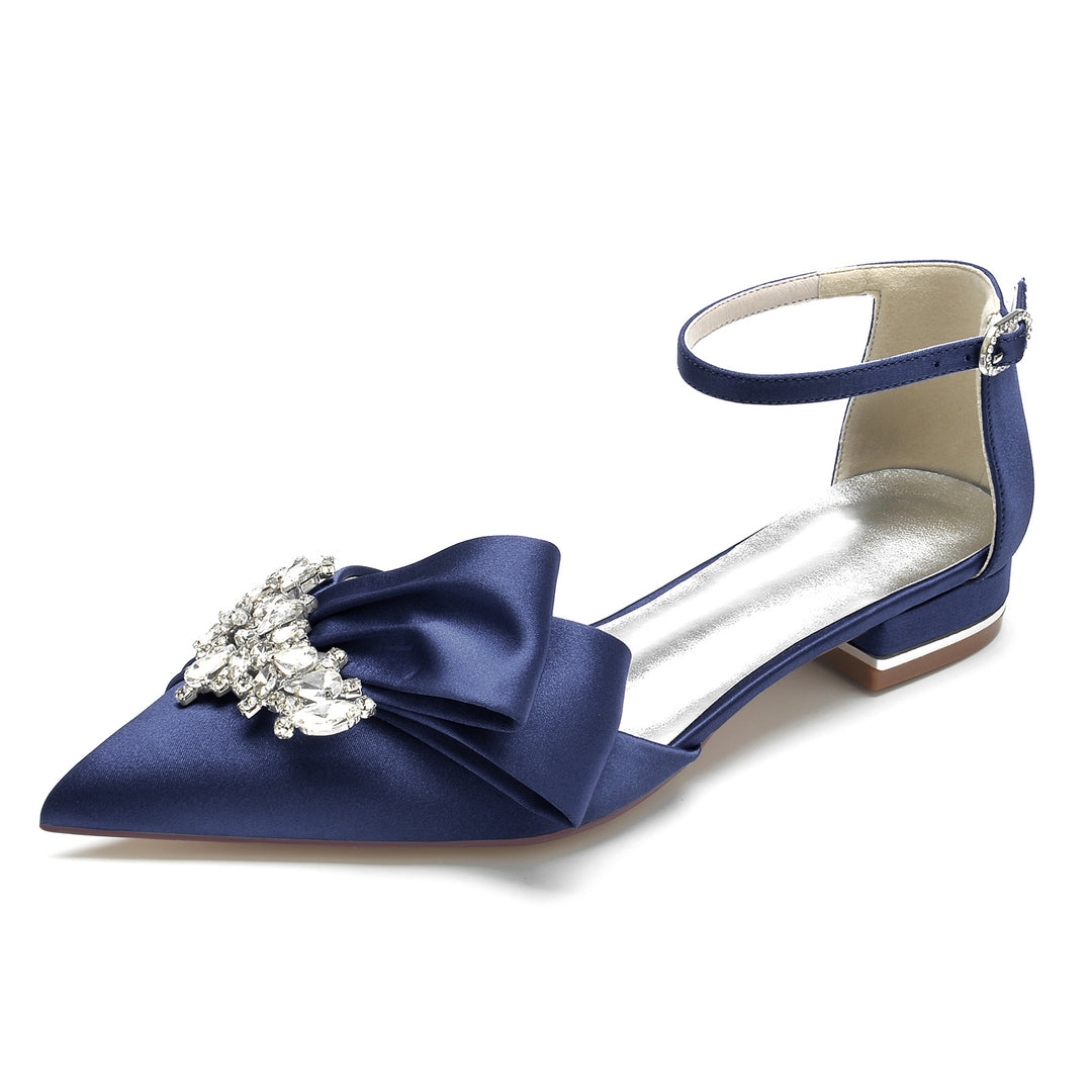 Women's Wedding Shoes White Rhinestone Silk Satin Bow Low Pointed Toe Bridal Shoes